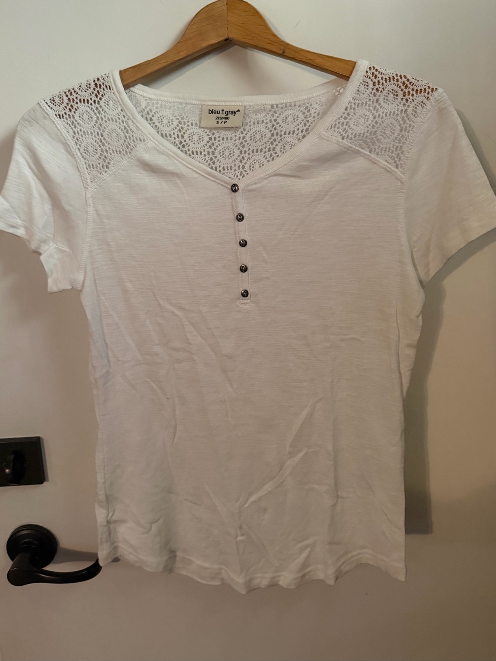 White Heather Lace Yoke Short Sleeve V- Neck Henley Top with buttons